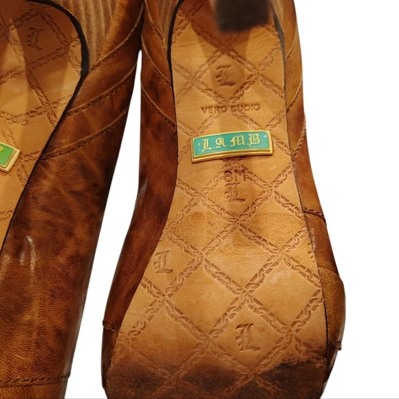 L.A.M.B. Leather Peep Toe Camel Stitched Stiletto Heels Classic Size 8m EUC - Picture 6 of 9